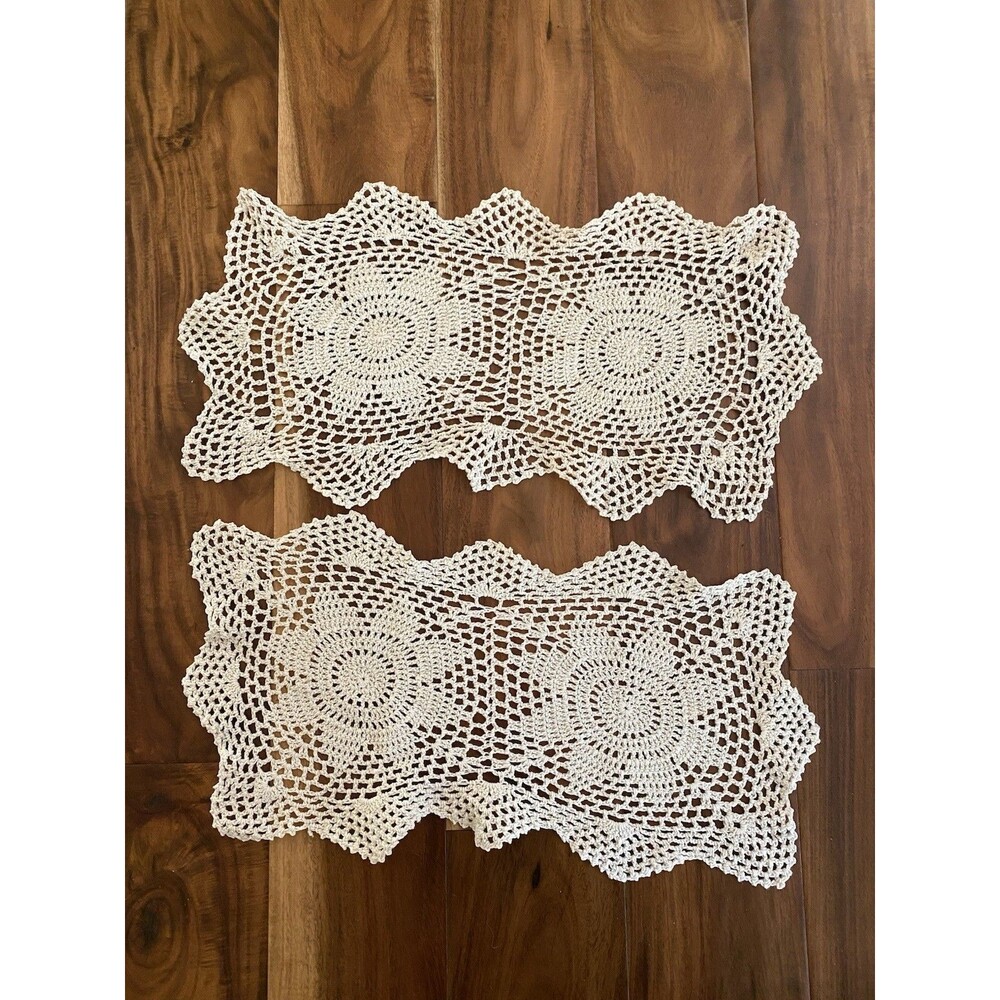 Pair of Vintage Handmade Crochet Ecru Doilies